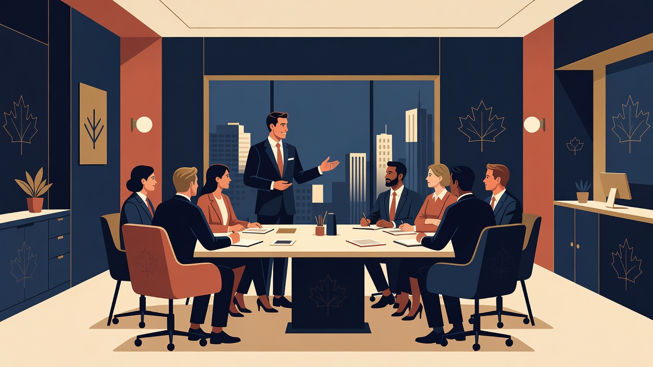 Illustration d’une session de coaching de leadership en cohorte, palette navy et terracotta